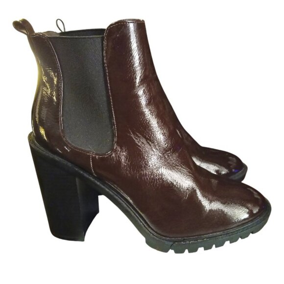 EUC FASHION NOVA Glossy Maroon Leather Lug Sole Platform Heeled Boots - Picture 6 of 16